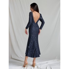 1pc Elegant Sequined Backless Maxi Dress for Women, Polyester Knit Fabric, Square Neckline, Solid Color, Versatile for All Seasons, Mother'S Wedding Party Gown 1pc Elegant Sequined Backless Maxi Dress for Women, Polyester Knit Fabric, Square Neckline, Solid Color, Versatile for All Seasons, Mother'S Wedding Party Gown