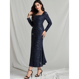 1pc Elegant Sequined Backless Maxi Dress for Women, Polyester Knit Fabric, Square Neckline, Solid Color, Versatile for All Seasons, Mother'S Wedding Party Gown 1pc Elegant Sequined Backless Maxi Dress for Women, Polyester Knit Fabric, Square Neckline, Solid Color, Versatile for All Seasons, Mother'S Wedding Party Gown