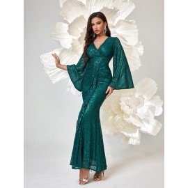 Long Sleeve Shiny Sequin V-neck Elegant Mermaid Hem Formal Dress for Party & Banquet, Women's Clothing Long Sleeve Shiny Sequin V-neck Elegant Mermaid Hem Formal Dress for Party & Banquet, Women's Clothing