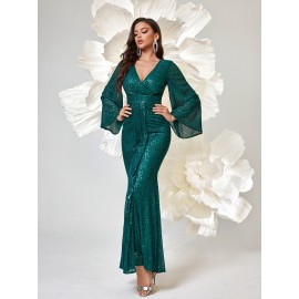 Long Sleeve Shiny Sequin V-neck Elegant Mermaid Hem Formal Dress for Party & Banquet, Women's Clothing Long Sleeve Shiny Sequin V-neck Elegant Mermaid Hem Formal Dress for Party & Banquet, Women's Clothing