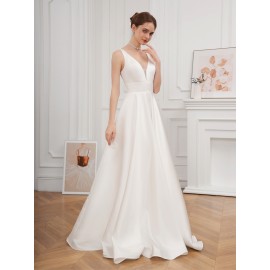 Elegant V-Neck Sleeveless A-Line Wedding Gown with Pencil Skirt and Exposed Back Elegant V-Neck Sleeveless A-Line Wedding Gown with Pencil Skirt and Exposed Back
