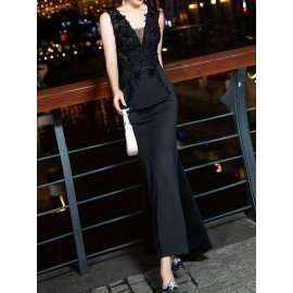 Sleeveless Contrast Mesh V Neck Bodycon Dress, Elegant Evening Dress For Wedding Party, Women's Clothing Sleeveless Contrast Mesh V Neck Bodycon Dress, Elegant Evening Dress For Wedding Party, Women's Clothing