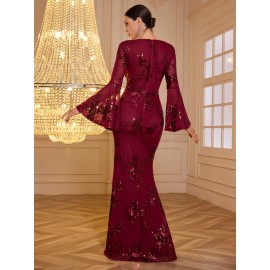Elegant Long Sleeve Deep V-Neck Sequin Mermaid Evening Gown, Polyester Bodycon Bridesmaid Dress with Chest Pad - Middle-Eastern Style Solid Color, Woven Fabric with Elastane for Comfort - Adult Collection Elegant Long Sleeve Deep V-Neck Sequin Mermaid Evening Gown, Polyester Bodycon Bridesmaid Dress with Chest Pad - Middle-Eastern Style Solid Color, Woven Fabric with Elastane for Comfort - Adult Collection