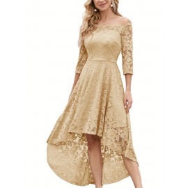 3/4 Sleeves Lace High-Low Off Shoulder Bridesmaid Dress, Cocktail Party Dress for Church Wedding Guest Formal Party 3/4 Sleeves Lace High-Low Off Shoulder Bridesmaid Dress, Cocktail Party Dress for Church Wedding Guest Formal Party