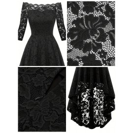 3/4 Sleeves Lace High-Low Off Shoulder Bridesmaid Dress, Cocktail Party Dress for Church Wedding Guest Formal Party 3/4 Sleeves Lace High-Low Off Shoulder Bridesmaid Dress, Cocktail Party Dress for Church Wedding Guest Formal Party