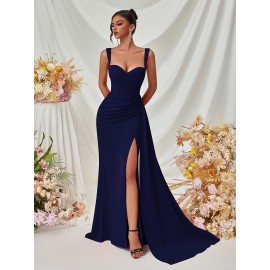 Elegant Spaghetti Strap Backless Gown with Thigh-High Slit - Perfect for Parties & Formal Events, Women's Evening Dress Elegant Spaghetti Strap Backless Gown with Thigh-High Slit - Perfect for Parties & Formal Events, Women's Evening Dress