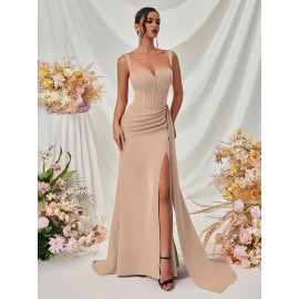 Elegant Spaghetti Strap Backless Gown with Thigh-High Slit - Perfect for Parties & Formal Events, Women's Evening Dress Elegant Spaghetti Strap Backless Gown with Thigh-High Slit - Perfect for Parties & Formal Events, Women's Evening Dress