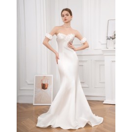 Elegant Off-Shoulder Ruffle Hem Wedding Dress - Exquisite Tie Back Wedding Party Gown for Women - Formal Evening, Occasion, Engagement, Ceremony, and Reception Wear Elegant Off-Shoulder Ruffle Hem Wedding Dress - Exquisite Tie Back Wedding Party Gown for Women - Formal Evening, Occasion, Engagement, Ceremony, and Reception Wear