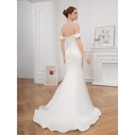 Elegant Off-Shoulder Ruffle Hem Wedding Dress - Exquisite Tie Back Wedding Party Gown for Women - Formal Evening, Occasion, Engagement, Ceremony, and Reception Wear Elegant Off-Shoulder Ruffle Hem Wedding Dress - Exquisite Tie Back Wedding Party Gown for Women - Formal Evening, Occasion, Engagement, Ceremony, and Reception Wear