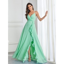 Elegant Extra-long Cami Dress - Classic Solid V Neckline, Delicate Ruffle Trim Details, Dramatic Split Sleeveless Design, Sultry Backless Style - Exuding Elegance, Perfect for Wedding Occasions, Designed for Women Elegant Extra-long Cami Dress - Classic Solid V Neckline, Delicate Ruffle Trim Details, Dramatic Split Sleeveless Design, Sultry Backless Style - Exuding Elegance, Perfect for Wedding Occasions, Designed for Women
