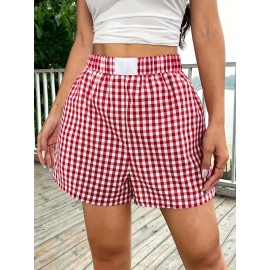Plaid Elastic Waist Shorts, Casual Shorts For Spring & Summer, Women's Clothing Plaid Elastic Waist Shorts, Casual Shorts For Spring & Summer, Women's Clothing