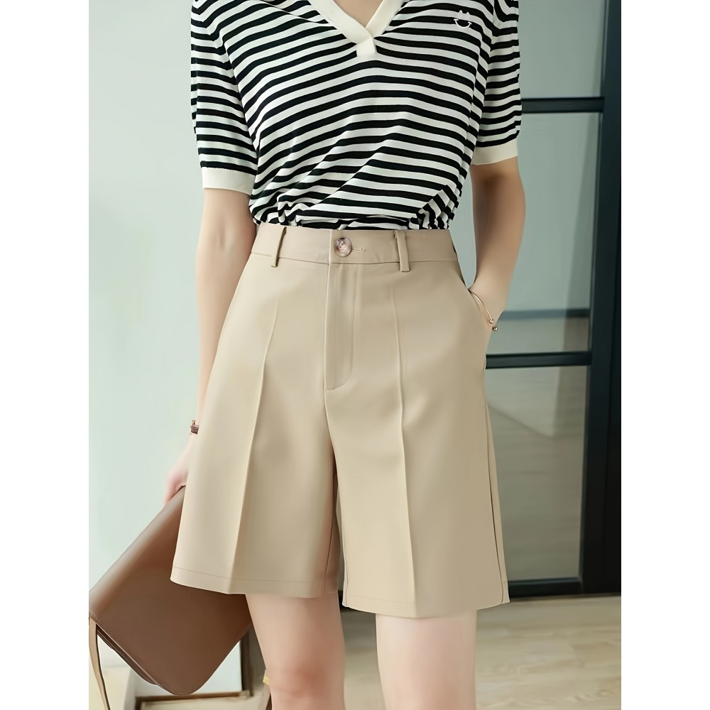 Button Front High Waist Shorts, Casual Solid Color Slant Pockets Loose Shorts For Spring & Summer, Women's Clothing Button Front High Waist Shorts, Casual Solid Color Slant Pockets Loose Shorts For Spring & Summer, Women's Clothing