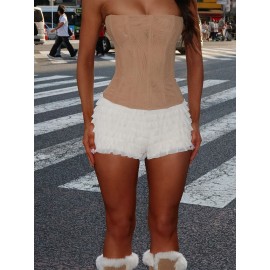 Women Shorts, Summer Elastic Waist Solid Layered Slim Fit Casual Shorts Clubwear Women Shorts, Summer Elastic Waist Solid Layered Slim Fit Casual Shorts Clubwear