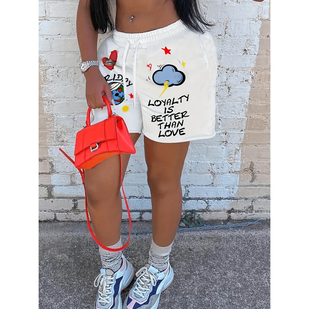 Vibrant Alphabet Print Knit Shorts - Elastic Drawstring Waist, Micro Elastic Polyester Fabric, Casual Style for Spring, Summer, and Fall - Womens High Waist Comfortable Shorts for Everyday Wear Vibrant Alphabet Print Knit Shorts - Elastic Drawstring Waist, Micro Elastic Polyester Fabric, Casual Style for Spring, Summer, and Fall - Womens High Waist Comfortable Shorts for Everyday Wear