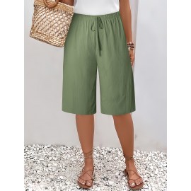 1pc Women'S Casual Polyester Shorts, Solid Color, All-Season, Woven Fabric, with Fake Drawstring Detail