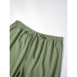 1pc Women'S Casual Polyester Shorts, Solid Color, All-Season, Woven Fabric, with Fake Drawstring Detail