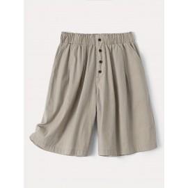 Women's Casual Cotton Shorts with Elastic Waistband and Decorative Buttons - Loose Fit, Solid Color, Machine Washable Women's Casual Cotton Shorts with Elastic Waistband and Decorative Buttons - Loose Fit, Solid Color, Machine Washable