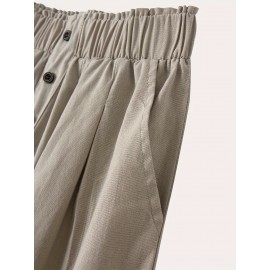 Women's Casual Cotton Shorts with Elastic Waistband and Decorative Buttons - Loose Fit, Solid Color, Machine Washable Women's Casual Cotton Shorts with Elastic Waistband and Decorative Buttons - Loose Fit, Solid Color, Machine Washable