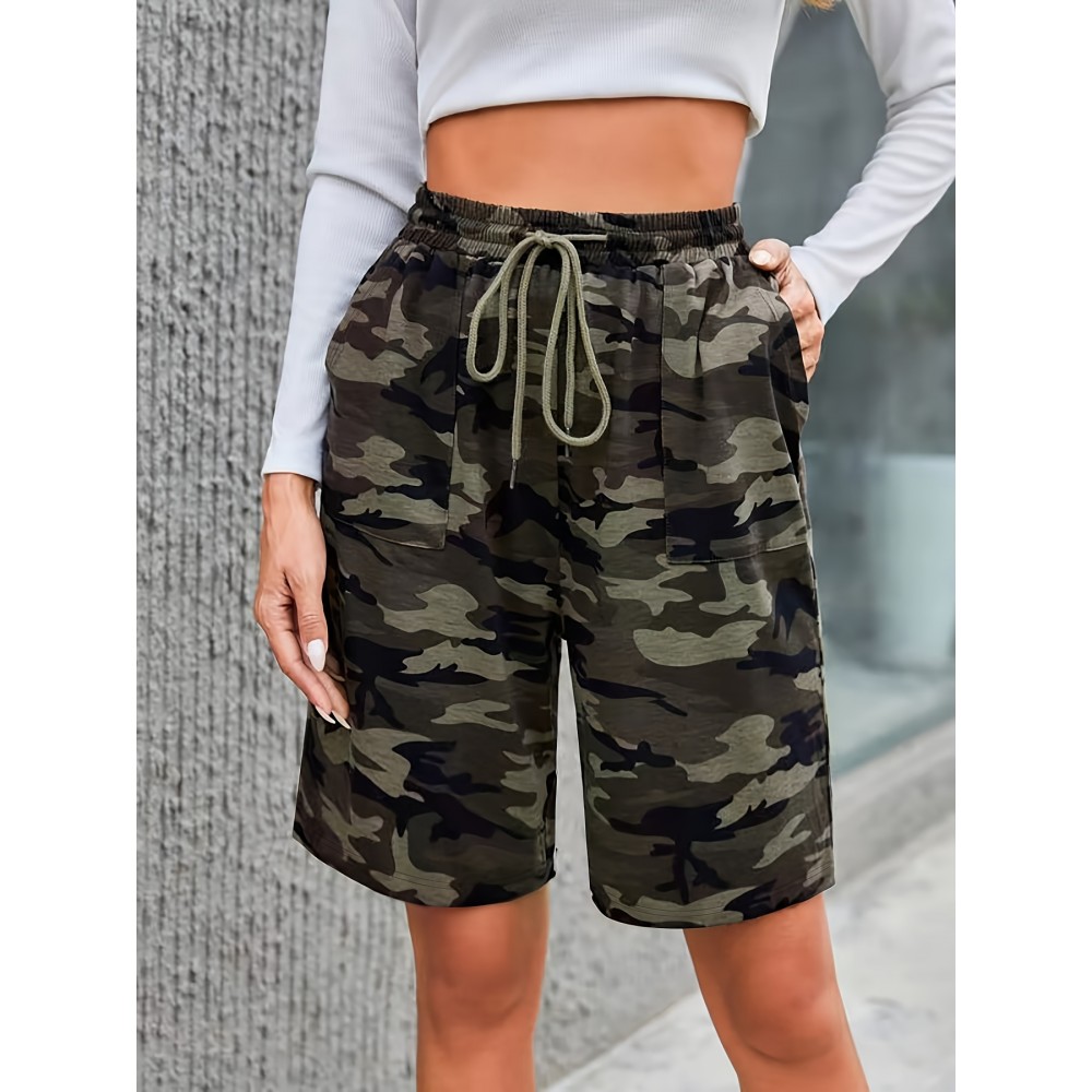 Camo Print Patched Pockets Shorts, Casual Elastic Waist Drawstring Shorts For Spring & Summer, Women's Clothing Camo Print Patched Pockets Shorts, Casual Elastic Waist Drawstring Shorts For Spring & Summer, Women's Clothing