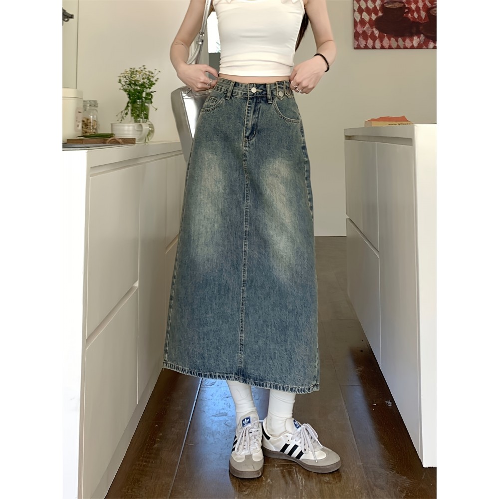 Vintage-Inspired High-Waist Split A-Line Denim Midi Skirt - Slimming, Casual Style with Button Detail, Machine Washable Vintage-Inspired High-Waist Split A-Line Denim Midi Skirt - Slimming, Casual Style with Button Detail, Machine Washable