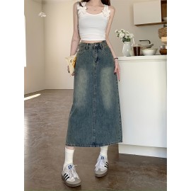 Vintage-Inspired High-Waist Split A-Line Denim Midi Skirt - Slimming, Casual Style with Button Detail, Machine Washable Vintage-Inspired High-Waist Split A-Line Denim Midi Skirt - Slimming, Casual Style with Button Detail, Machine Washable