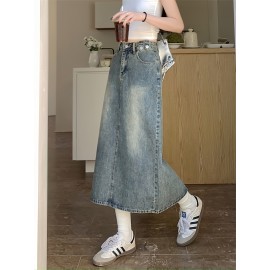 Vintage-Inspired High-Waist Split A-Line Denim Midi Skirt - Slimming, Casual Style with Button Detail, Machine Washable Vintage-Inspired High-Waist Split A-Line Denim Midi Skirt - Slimming, Casual Style with Button Detail, Machine Washable