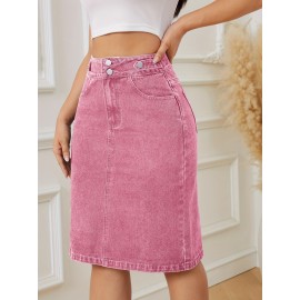 Women's Fashion Pink Denim Skirt - Cotton Blend, Medium Stretch, Solid Color, Sexy Straight Cut with Decorative Fake Buttons, Woven Fabric, Perfect for Spring/Summer/Fall Women's Fashion Pink Denim Skirt - Cotton Blend, Medium Stretch, Solid Color, Sexy Straight Cut with Decorative Fake Buttons, Woven Fabric, Perfect for Spring/Summer/Fall