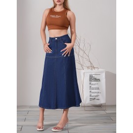 Dark Washed Women's Casual Midi Denim Skirt, Blue Jeans Style, Classic Fit Dark Washed Women's Casual Midi Denim Skirt, Blue Jeans Style, Classic Fit