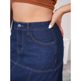 Dark Washed Women's Casual Midi Denim Skirt, Blue Jeans Style, Classic Fit Dark Washed Women's Casual Midi Denim Skirt, Blue Jeans Style, Classic Fit
