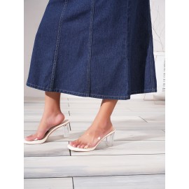 Dark Washed Women's Casual Midi Denim Skirt, Blue Jeans Style, Classic Fit Dark Washed Women's Casual Midi Denim Skirt, Blue Jeans Style, Classic Fit