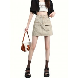 Plain Flap Pocket Cargo Denim Skirt, High Rise Versatile Hot Mini Denim Skirt, Women's Denim Jeans & Clothing Plain Flap Pocket Cargo Denim Skirt, High Rise Versatile Hot Mini Denim Skirt, Women's Denim Jeans & Clothing
