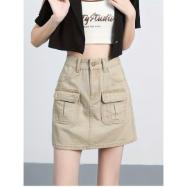 Plain Flap Pocket Cargo Denim Skirt, High Rise Versatile Hot Mini Denim Skirt, Women's Denim Jeans & Clothing Plain Flap Pocket Cargo Denim Skirt, High Rise Versatile Hot Mini Denim Skirt, Women's Denim Jeans & Clothing