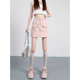 Plain Flap Pocket Cargo Denim Skirt, High Rise Versatile Hot Mini Denim Skirt, Women's Denim Jeans & Clothing Plain Flap Pocket Cargo Denim Skirt, High Rise Versatile Hot Mini Denim Skirt, Women's Denim Jeans & Clothing