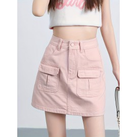 Plain Flap Pocket Cargo Denim Skirt, High Rise Versatile Hot Mini Denim Skirt, Women's Denim Jeans & Clothing Plain Flap Pocket Cargo Denim Skirt, High Rise Versatile Hot Mini Denim Skirt, Women's Denim Jeans & Clothing