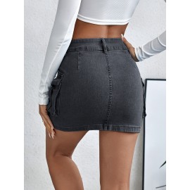 Plain Flap Pockets Cargo Denim Mini Skirt, High Stretch Double Button Washed Denim Skirt, Women's Denim Clothing Plain Flap Pockets Cargo Denim Mini Skirt, High Stretch Double Button Washed Denim Skirt, Women's Denim Clothing