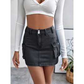 Plain Flap Pockets Cargo Denim Mini Skirt, High Stretch Double Button Washed Denim Skirt, Women's Denim Clothing Plain Flap Pockets Cargo Denim Mini Skirt, High Stretch Double Button Washed Denim Skirt, Women's Denim Clothing