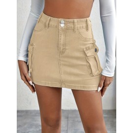 Plain Flap Pockets Cargo Denim Mini Skirt, High Stretch Double Button Washed Denim Skirt, Women's Denim Clothing Plain Flap Pockets Cargo Denim Mini Skirt, High Stretch Double Button Washed Denim Skirt, Women's Denim Clothing