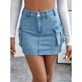 Plain Flap Pockets Cargo Denim Mini Skirt, High Stretch Double Button Washed Denim Skirt, Women's Denim Clothing Plain Flap Pockets Cargo Denim Mini Skirt, High Stretch Double Button Washed Denim Skirt, Women's Denim Clothing