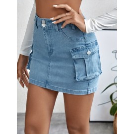 Plain Flap Pockets Cargo Denim Mini Skirt, High Stretch Double Button Washed Denim Skirt, Women's Denim Clothing Plain Flap Pockets Cargo Denim Mini Skirt, High Stretch Double Button Washed Denim Skirt, Women's Denim Clothing