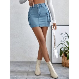 Plain Flap Pockets Cargo Denim Mini Skirt, High Stretch Double Button Washed Denim Skirt, Women's Denim Clothing Plain Flap Pockets Cargo Denim Mini Skirt, High Stretch Double Button Washed Denim Skirt, Women's Denim Clothing