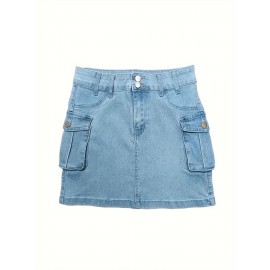 Plain Flap Pockets Cargo Denim Mini Skirt, High Stretch Double Button Washed Denim Skirt, Women's Denim Clothing Plain Flap Pockets Cargo Denim Mini Skirt, High Stretch Double Button Washed Denim Skirt, Women's Denim Clothing
