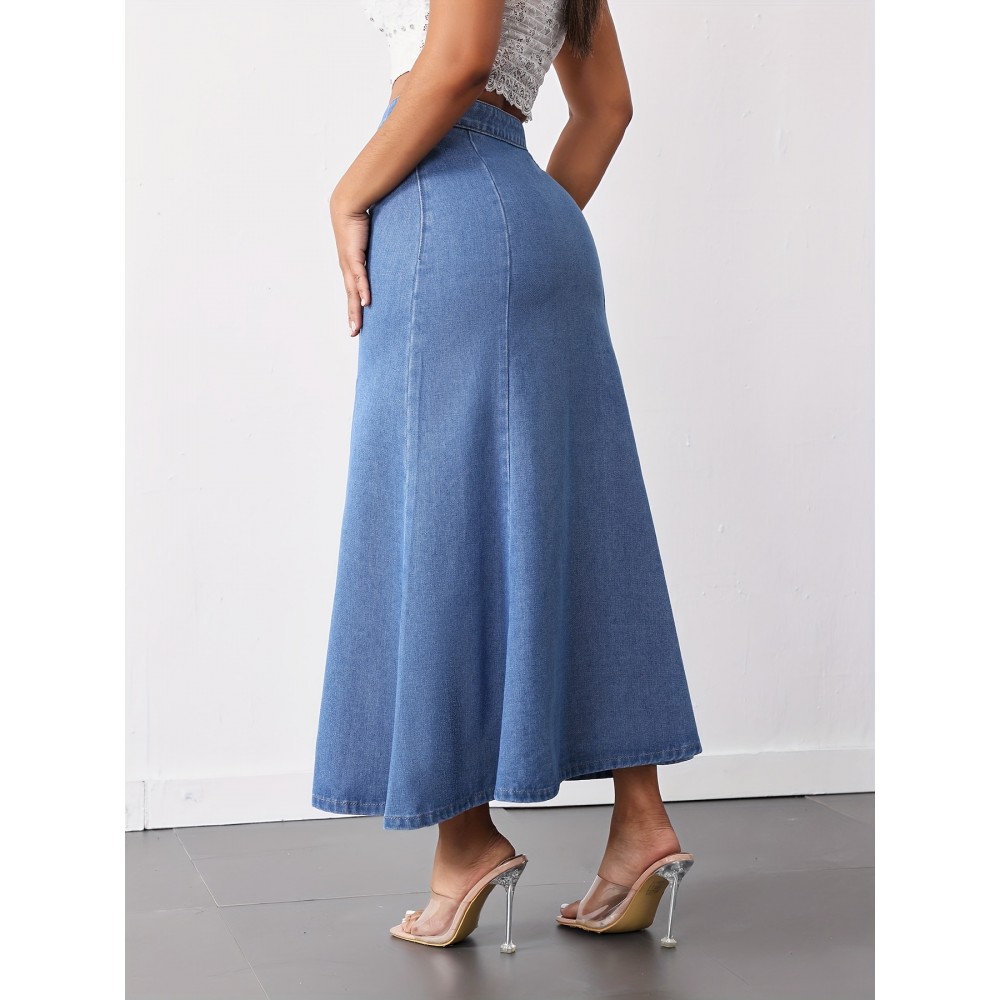 Women'S High-Waist Mermaid Denim Skirt, Casual Style, Non-Stretch Cotton Blend, Solid Color, with Zipper Detail, for Spring/Summer/Fall - Woven Fish Tail Skirt Women'S High-Waist Mermaid Denim Skirt, Casual Style, Non-Stretch Cotton Blend, Solid Color, with Zipper Detail, for Spring/Summer/Fall - Woven Fish Tail Skirt