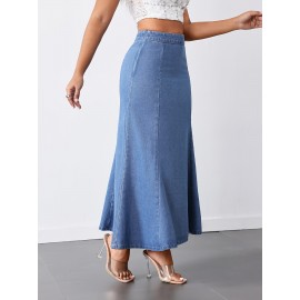 Women'S High-Waist Mermaid Denim Skirt, Casual Style, Non-Stretch Cotton Blend, Solid Color, with Zipper Detail, for Spring/Summer/Fall - Woven Fish Tail Skirt Women'S High-Waist Mermaid Denim Skirt, Casual Style, Non-Stretch Cotton Blend, Solid Color, with Zipper Detail, for Spring/Summer/Fall - Woven Fish Tail Skirt