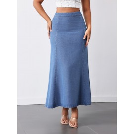 Women'S High-Waist Mermaid Denim Skirt, Casual Style, Non-Stretch Cotton Blend, Solid Color, with Zipper Detail, for Spring/Summer/Fall - Woven Fish Tail Skirt Women'S High-Waist Mermaid Denim Skirt, Casual Style, Non-Stretch Cotton Blend, Solid Color, with Zipper Detail, for Spring/Summer/Fall - Woven Fish Tail Skirt