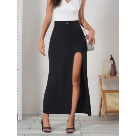 Elegant Black Denim Midi Skirt for Women - Asymmetrical, Non-Stretch, Machine Washable - Perfect for Spring/Summer/Fall Elegant Black Denim Midi Skirt for Women - Asymmetrical, Non-Stretch, Machine Washable - Perfect for Spring/Summer/Fall