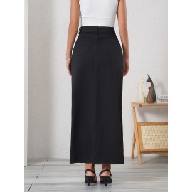Elegant Black Denim Midi Skirt for Women - Asymmetrical, Non-Stretch, Machine Washable - Perfect for Spring/Summer/Fall Elegant Black Denim Midi Skirt for Women - Asymmetrical, Non-Stretch, Machine Washable - Perfect for Spring/Summer/Fall