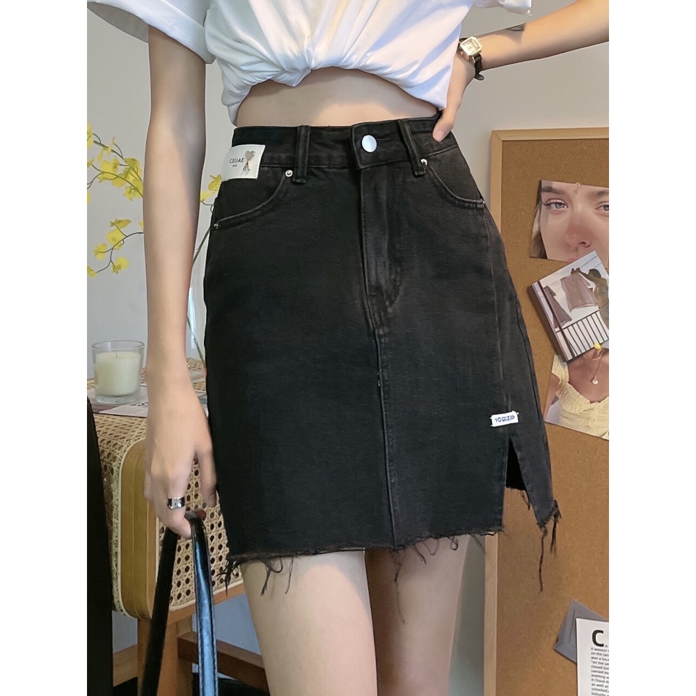 Women's Summer Causal High-Waist Denim Skirt, A-Line Jean Mini Skirt With Side Split, Frayed Hem, Casual Style Women's Summer Causal High-Waist Denim Skirt, A-Line Jean Mini Skirt With Side Split, Frayed Hem, Casual Style