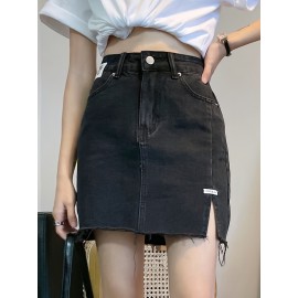 Women's Summer Causal High-Waist Denim Skirt, A-Line Jean Mini Skirt With Side Split, Frayed Hem, Casual Style Women's Summer Causal High-Waist Denim Skirt, A-Line Jean Mini Skirt With Side Split, Frayed Hem, Casual Style