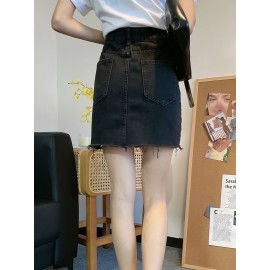 Women's Summer Causal High-Waist Denim Skirt, A-Line Jean Mini Skirt With Side Split, Frayed Hem, Casual Style Women's Summer Causal High-Waist Denim Skirt, A-Line Jean Mini Skirt With Side Split, Frayed Hem, Casual Style