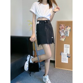 Women's Summer Causal High-Waist Denim Skirt, A-Line Jean Mini Skirt With Side Split, Frayed Hem, Casual Style Women's Summer Causal High-Waist Denim Skirt, A-Line Jean Mini Skirt With Side Split, Frayed Hem, Casual Style